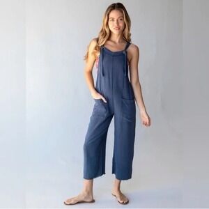 NATURAL LIFE Carly Jumpsuit Size XL Frayed Wide Leg Linen Blend Navy Blue